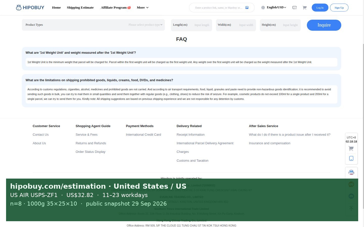 Official HipoBuy estimator, destination United States, 1000 g, 35×25×10 cm, line US AIR USPS-ZF1